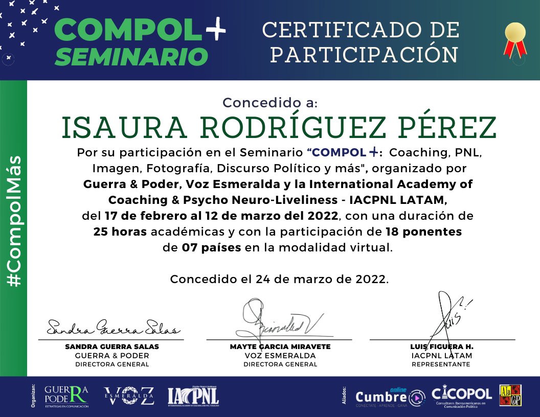 Antes de que termine el primer trimestre agradezco las oportunidades de formación a <a href="/GuerrayPoder/">Guerra & Poder</a> <a href="/MaximoImpacto/">Con Máximo Impacto</a> <a href="/VozEsmeralda/">Voz Esmeralda</a>  <a href="/iacpnlusa/">IACPNL</a> <a href="/GuerraSandra_/">Sandra Guerra</a> <a href="/nuevagemela/">Nury Astrid Gomez</a> <a href="/MayteGMiravete/">Mayte Garcia Miravete</a> @elcoachpolitico 

¡Gracias Sandra, Nury, Mayte, Luis 🇵🇪🇨🇴🇲🇽🇻🇪! 
¡Gracias equipos! 👏

#ComPol 💯