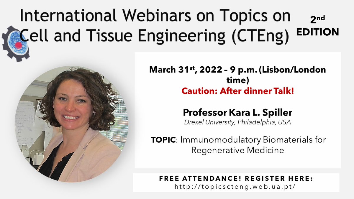 The 2nd Edition of TopicsCteng will start this Thursday, March 31st, at 9 pm Lisbon/London time. We're pleased to announce our invited speaker, Prof. Kara Spiller who will talk about Immunomodulatory Biomaterials for Regenerative Medicine. Info &amp; register: topicscteng.web.ua.pt