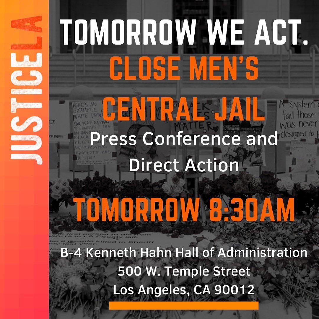 JusticeLANow's tweet image. 💥TOMORROW💥Join JusticeLA for a press conference and direct action!

We are calling on the @LACountyBOS to:
1️⃣ Close Men’s Central Jail by ⏰March 2023 ⏰
2️⃣ Independent pretrial services agency in ⏰3-6 months⏰
3️⃣ 3,600 new mental health beds for release from jail

#CloseMCJ