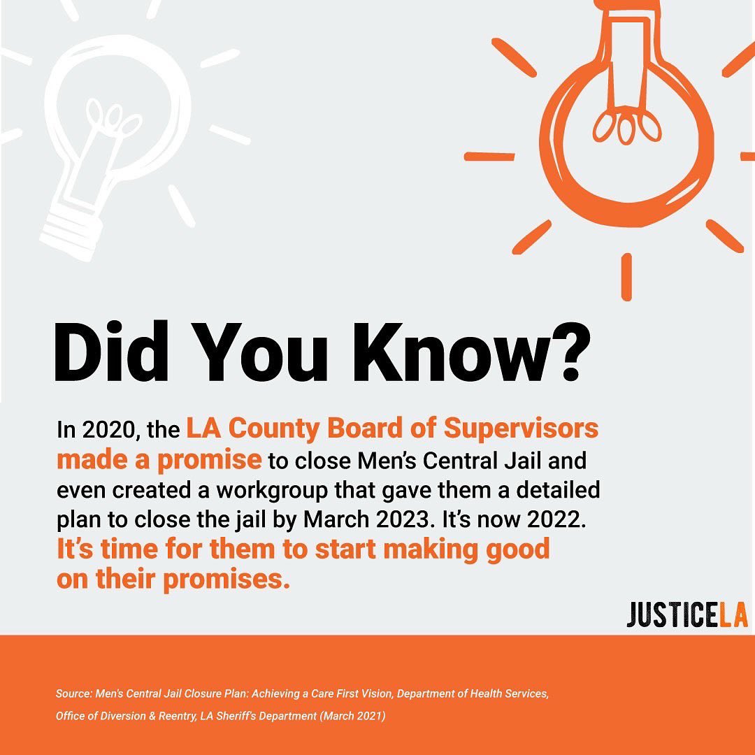 JusticeLANow's tweet image. 💥TOMORROW💥Join JusticeLA for a press conference and direct action!

We are calling on the @LACountyBOS to:
1️⃣ Close Men’s Central Jail by ⏰March 2023 ⏰
2️⃣ Independent pretrial services agency in ⏰3-6 months⏰
3️⃣ 3,600 new mental health beds for release from jail

#CloseMCJ