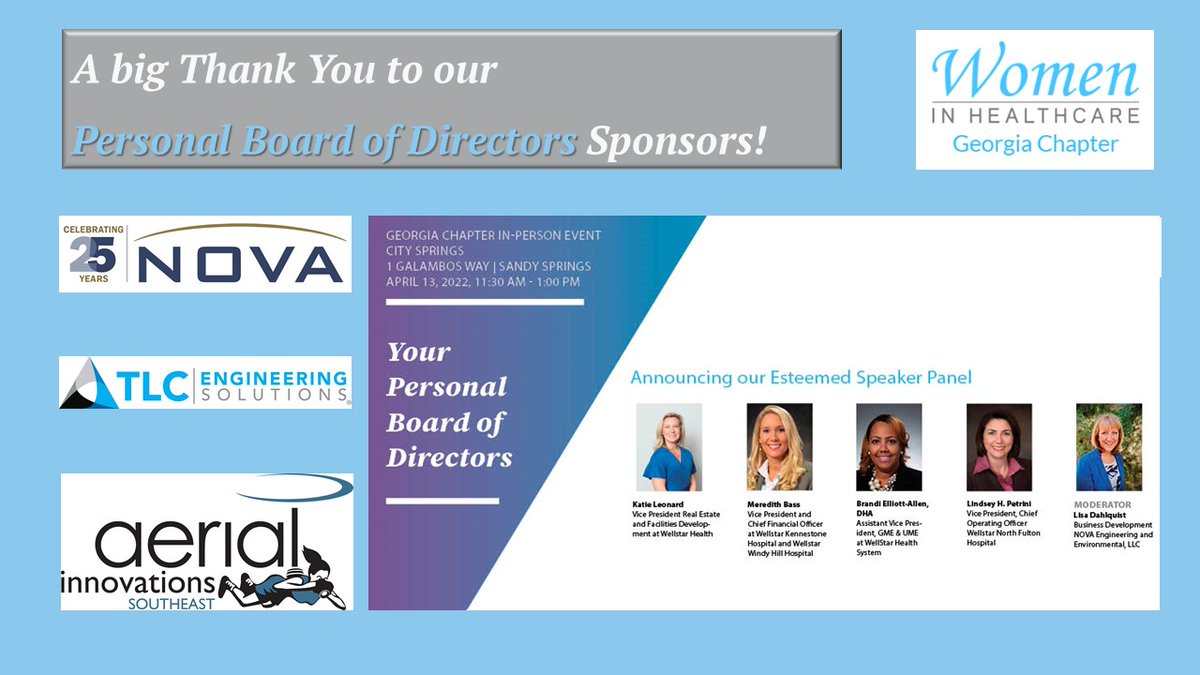 WomenInHealthGA's tweet photo. The clock is ticking so register today at https://t.co/dFSMIUI43m  Thanks to @NOVA_Engineer, @TLC_Engineering  and 
@flytenn for sponsoring this all-star panel of @WellstarHealth System panelists! https://t.co/na69f5CUn5