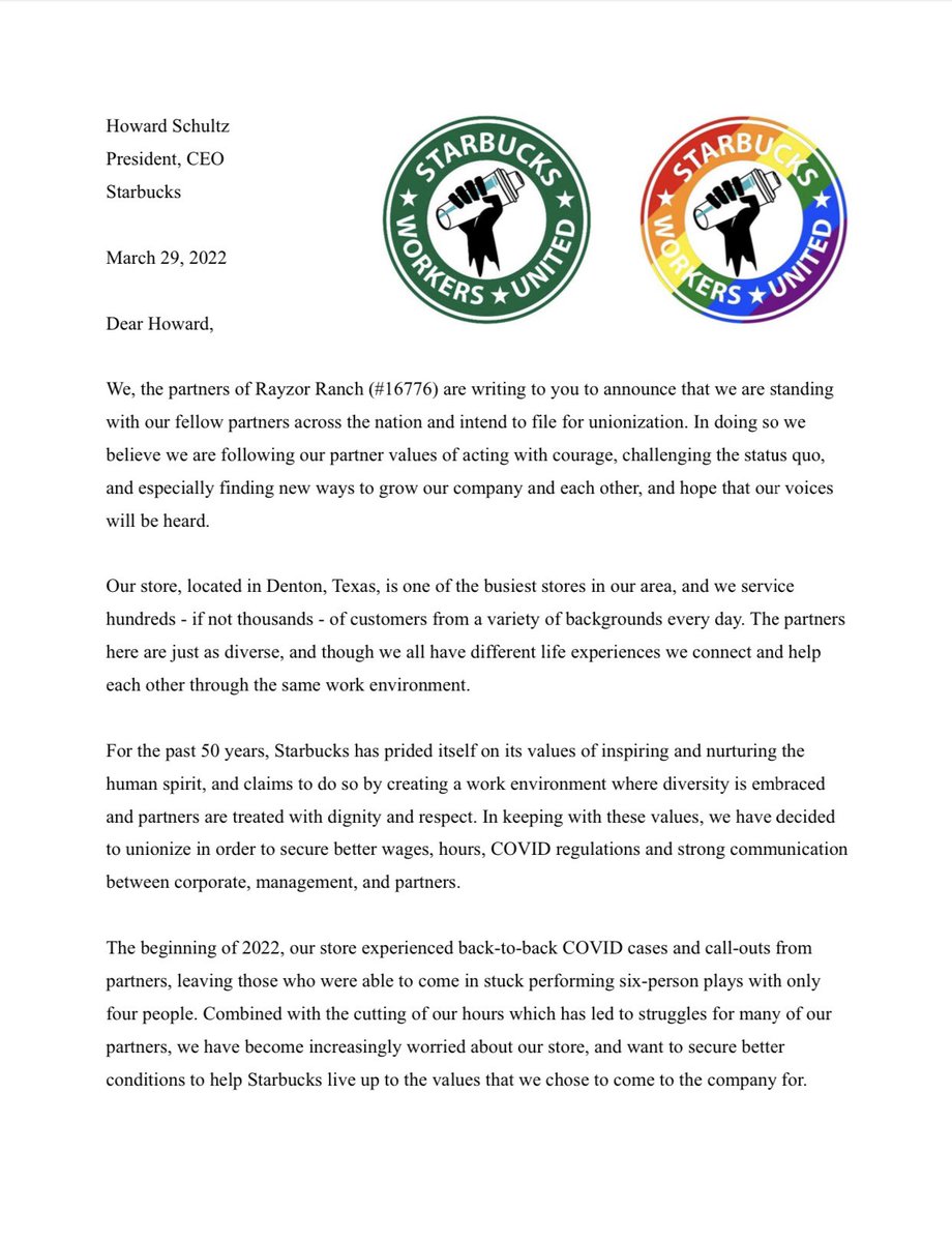 SBWorkersUnited's tweet photo. Denton, Texas is on the map! The partners at the Rayzor Ranch store are announcing their intention to unionize. https://t.co/LyKeJb0RA4
