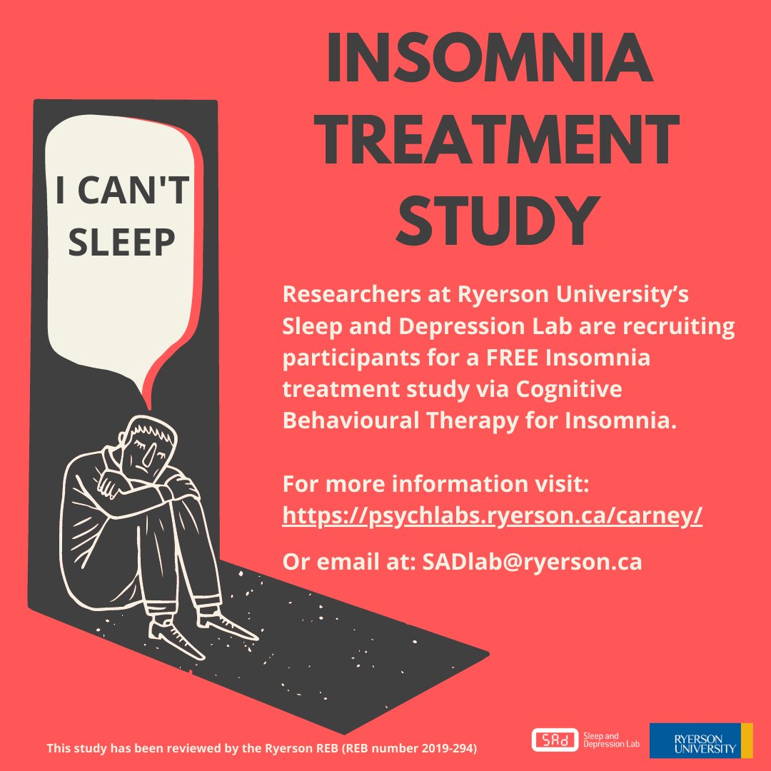 drcolleencarney's tweet photo. If you are in Ontario and in need of CBT for insomnia, we are doing a study, as part of a dissertation and will provide free insomnia treatment. Thanks 
Email sadlab@ryerson.ca https://t.co/Cei6RkT1Om