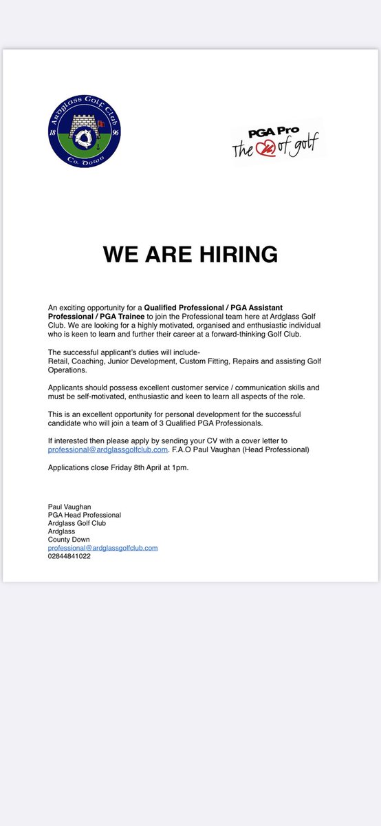 Job Alert <a href="/ArdglassGolf/">Ardglass Golf Club</a> @ardglassproshop . PLEASE RETWEET . All retweets will be entered into a draw for a Four-ball and lunch <a href="/ArdglassGolf/">Ardglass Golf Club</a> #AwesomeArdglass