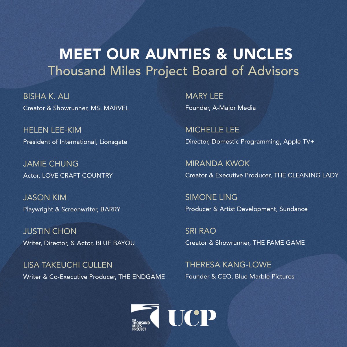 thousandmilespr's tweet photo. We're proud to announce our board of advisors, the "Aunties and Uncles" of the Thousand Miles Project! @bishakali #helenleekim @jamiechung1 @deepkimpact #justinchon #lisatakeuchincullen #marylee #michellelee @MirandaKwok88 #Simoneling @NewYorkSri #TheresaKangLowe https://t.co/AjfYi6PUdX