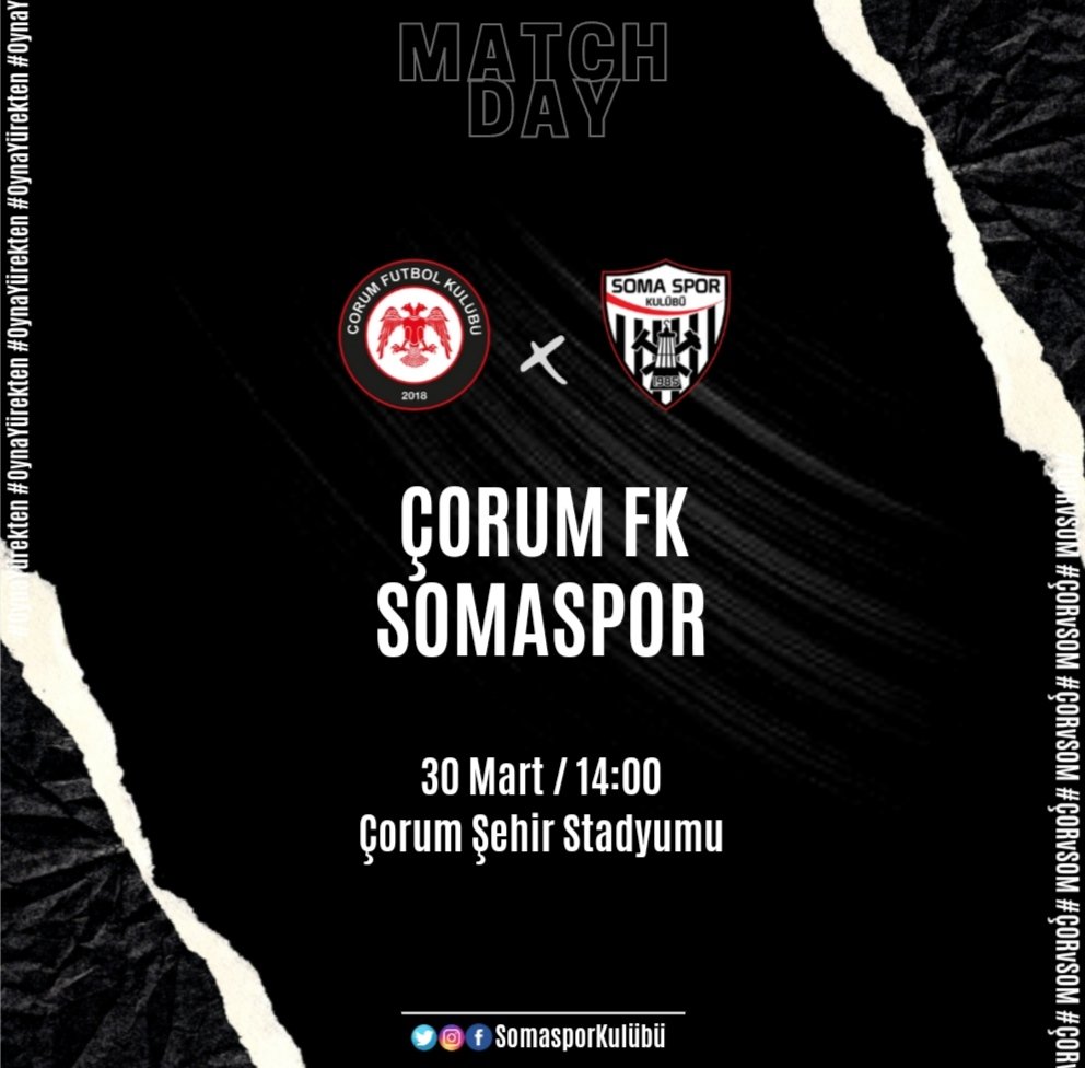 #MaçGünü
🆚 Çorum FK / Somaspor'umuz 
📆 30 Mart 2022 / Çarşamba | 14:00
🏟 Çorum Şehir Stadyumu
#OynaYÜREKTEN #Somaspor #Siyahİnciler #ÇORvSOM #GünlerdenSOMASPOR