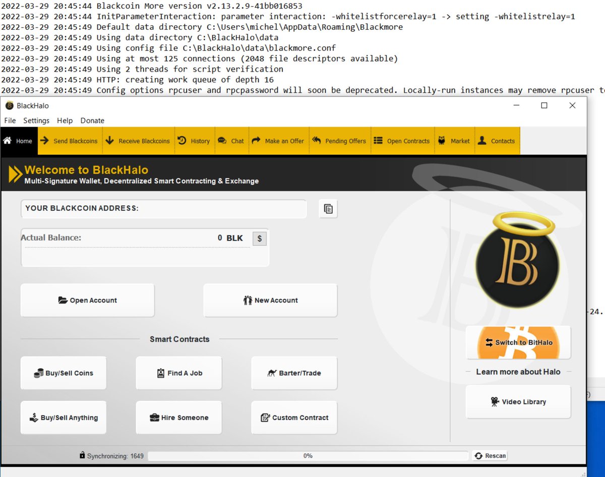 BlackcoinDev's tweet photo. #Blackhalo getting updated to #Blackcoin More. Soon you can make unbreakable contracts and use cold staking! Thanks to @dzimbeck for his help! #CommunityFeeling #ThePeoplesCoin $BLK https://t.co/65pb1RGCG8