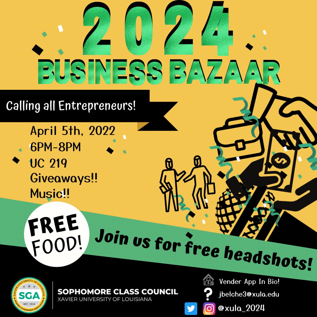 Join the Sophomore Class Council as we celebrate our Xavier entrepreneurs and enjoy food, music, and giveaways! We will also have free professional headshots available. We can't wait to see you there! #2024BusinessBazaar #XULA24