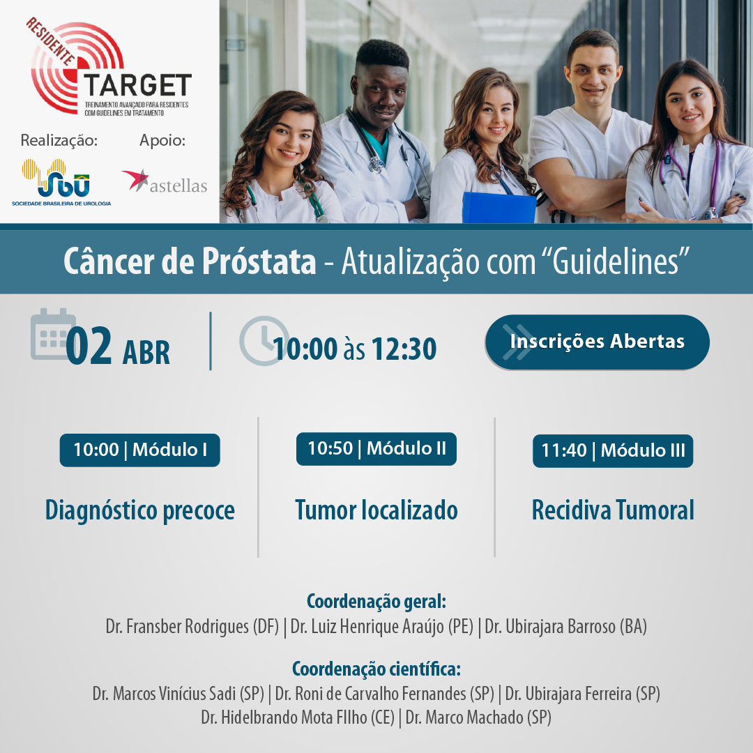 sbuoficial's tweet image. 📅 Dia 02/04, próximo sábado, acontece o TARGET Câncer de Próstata - Atualização com "Guidelines".

➡ Confira no post os especialistas que irão participar do evento.

📱Para se inscrever, acesse o site: target.portaldaurologia.org.br 

#sbu #target2022 #cancerdeprostata