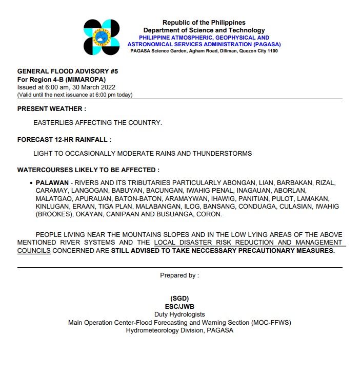 dost_pagasa's tweet photo. General Flood Advisory (GFA)
Issued @ 6AM, 30 March 2022
Region 4B (MIMAROPA) - #GFA5 https://t.co/buvFVTl8Ye