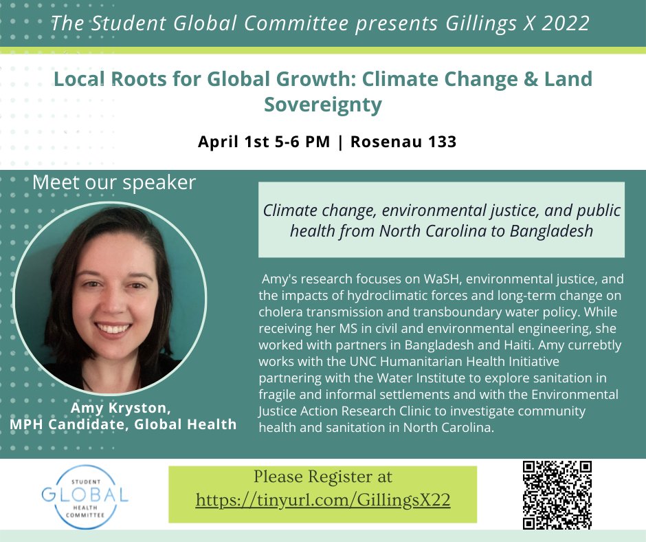 sghc_unc's tweet photo. In 3 days, SGHC will be live for the #GillingsX2022 taking about Local Roots for Global Growth: Climate Change &amp; Land Sovereignty. Meet our speaker #AmyKryston
Please register to join us https://t.co/oSqfkdtdBU https://t.co/jeyu5Vv5z1