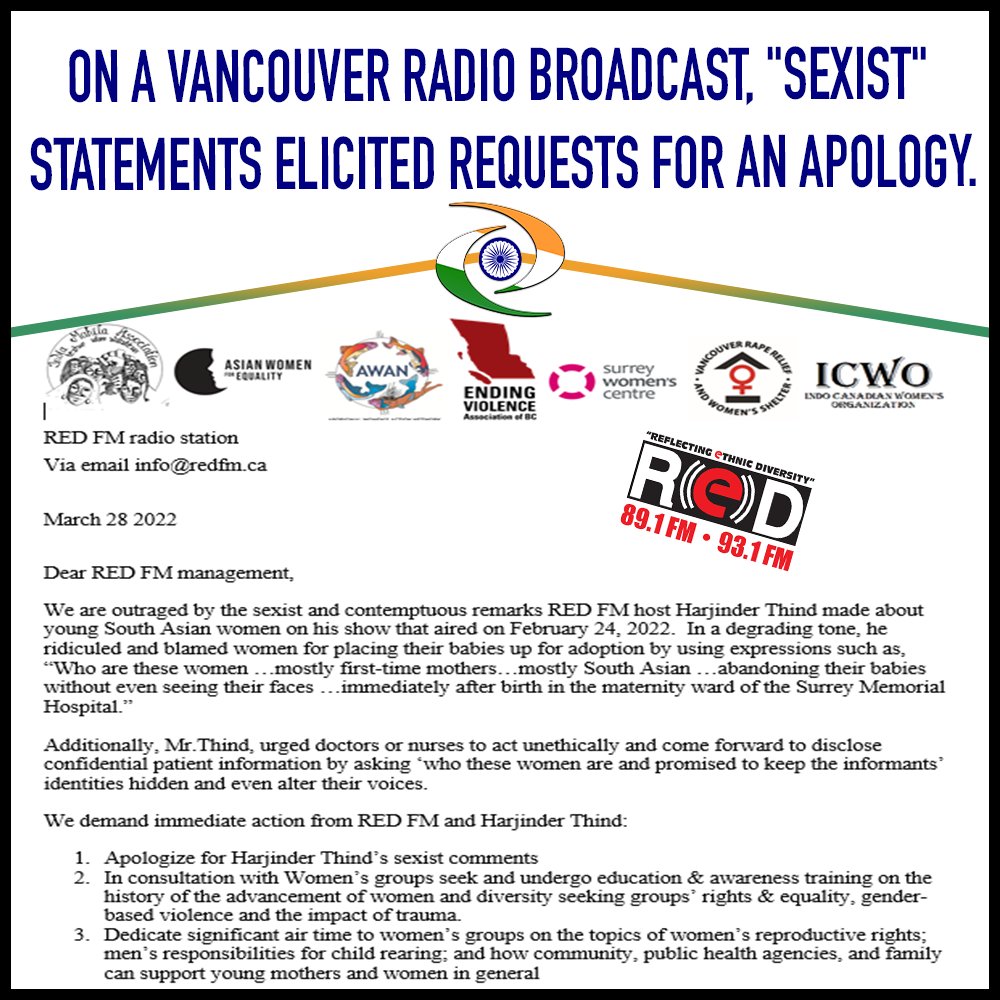 RadioIndia1110's tweet photo. Women's groups have written a letter to the management of a RED FM Vancouver for apology. Jag Nagra claims Harjinder Thind made comments about women who are giving up their children for adoption, without considering what factors could lead to that decision. #REDFM #THIND https://t.co/SJpEfMwBgB