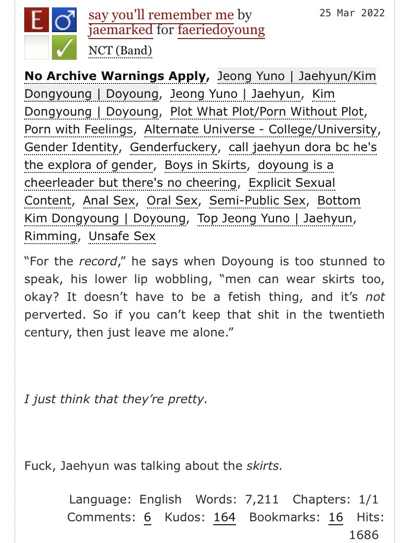 say you’ll remember me

by: jaemarked
ratings: explicit 
words: 7k
status: #completed

#jaedo #dojae
link: archiveofourown.org/works/37964749
