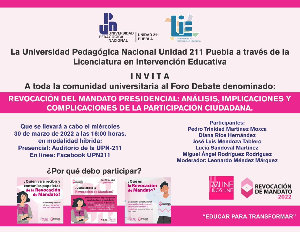 upn211's tweet photo. Foro-debate
Revocación del mandato presidencial: análisis, implicaciones y complicaciones de la participación ciudadana
Miércoles 20 de marzo 2022
16:00 horas
Presencial  en el auditorio de la UPN 211
Facebook Live UPN211
Invita la LIE-UPN 211 Puebla
¡Te esperamos! https://t.co/oXcHqaYzal