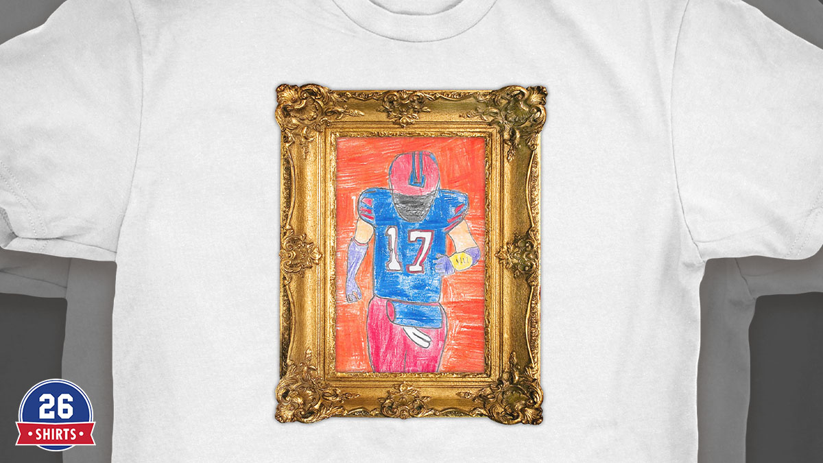 26shirts's tweet photo. Presenting "Graysen's Masterpiece." Graysen is an 11-year-old Buffalo fan with a rare disorder that prevents him from using his arms and legs. He drew this picture of his favorite quarterback by using his mouth. Every purchase supports him: https://t.co/znn5gLb3Ab #BillsMafia https://t.co/jdA5RnAglF