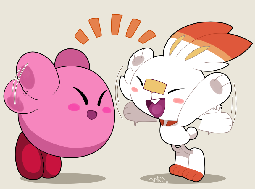 kirby ,scorbunny no humans open mouth closed eyes smile simple background blush stickers standing  illustration images