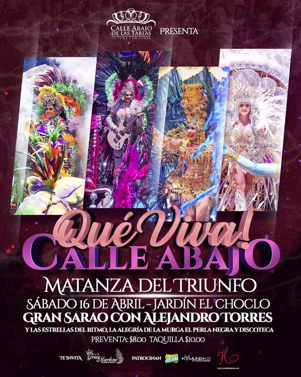 La Tuna de Calle Abajo de Las Tablas se complace en invitarlos éste 16 de abril a La Gran Matanza del Triunfo en el Jardín 8 de Noviembre - El Choclo.

Con la Murga "El Perla Negra", discoteca  y desde las 4pm el Gran Sarao con Alejandro Torres y las Estrellas del Ritmo.