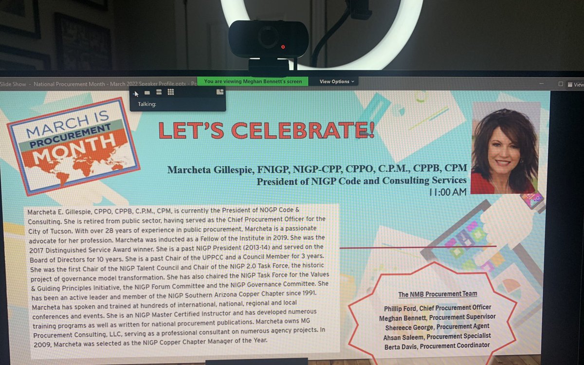MarchetaG1's tweet photo. Celebrating #MarchIsProcurementMonth w/the City of North Miami Beach, sharing the #value of #publicprocurement. Your work matters and makes a difference in your communities! #NIGPConsulting #NIGPCode #publicservants @PeriscopeHldgs @OfficialNIGP https://t.co/BU6OdKktGC