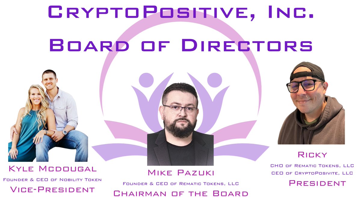 _CryptoPositive's tweet photo. Couldn't hold it in anymore!

Our Board of Directors has its first 3 members!

Chairman of the Board, CEO of @RematicEGC Mike Pazuki

President, CEO of @0xCPTX , @RicTicTim 

Vice-President, Founder &amp; CEO of @nobilitytoken, @KyleTheNobleOne !!

We look forward to a bright future! https://t.co/LOFZU7Ng9E