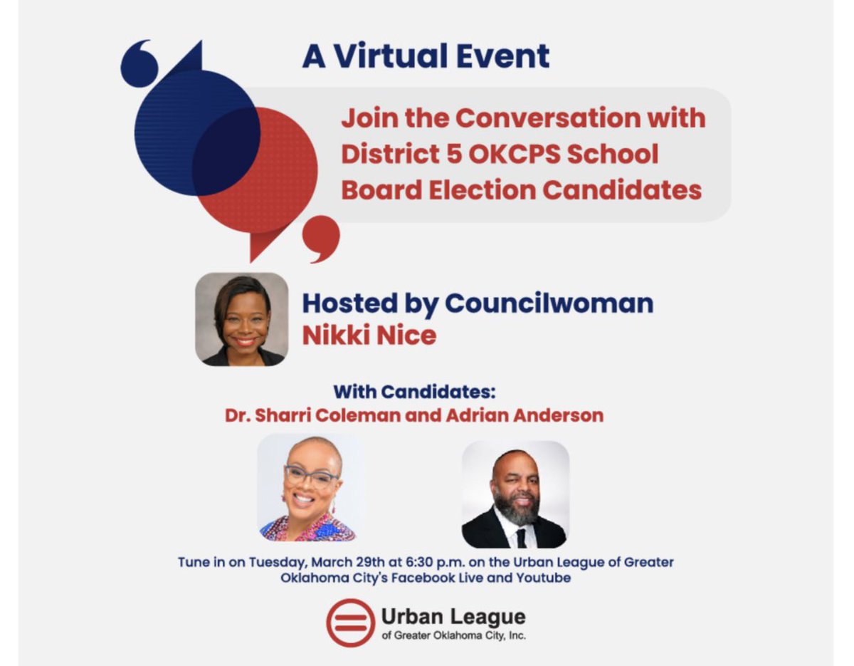 Tune into the Urban League’s FB page for Tuesday’s OKCPS District 5 School Board Election Forum, hosted by Councilwoman <a href="/NikkiNiceOKC/">Nikki Nice</a> at 6:30 pm. It’s virtual, and you can send questions for the candidates via the chat.