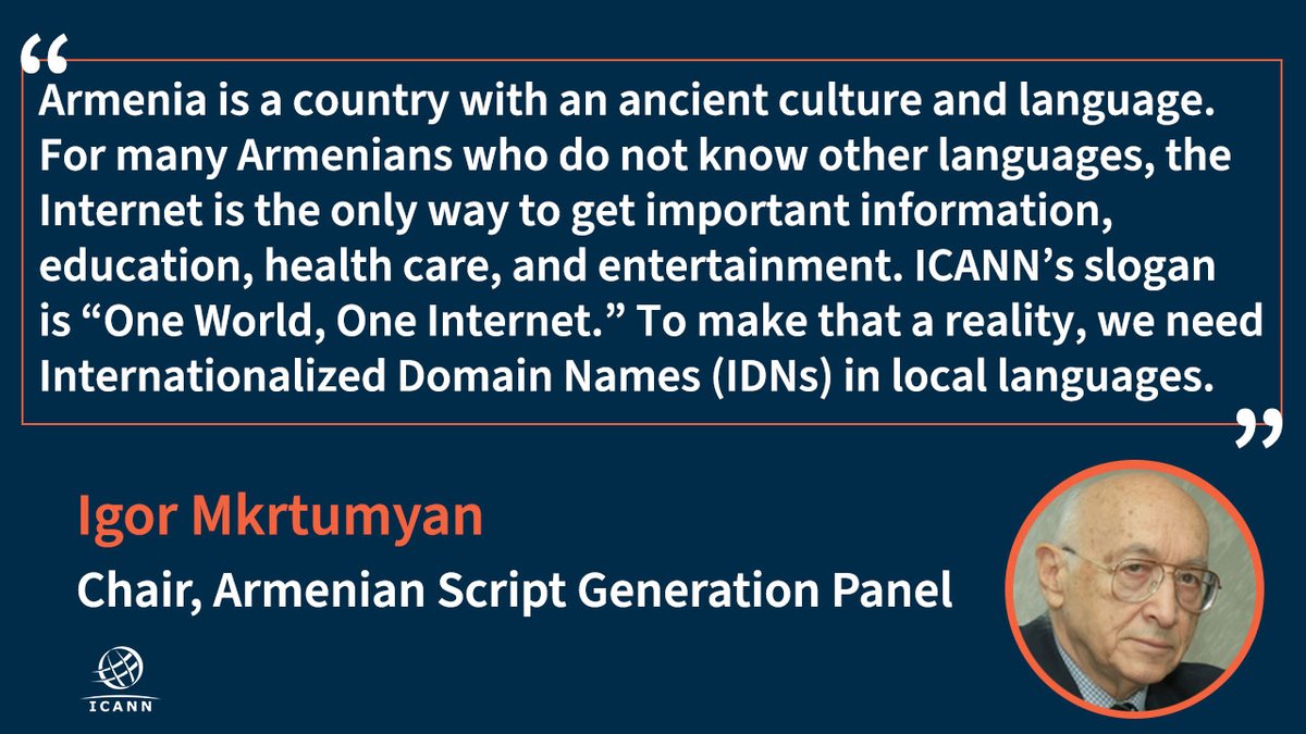 Igor Mkrtumyan, Chair of the Armenian Script Generation Panel (GP), shares why their work is important to Armenians and is critical to achieving a global and #multilingual #Internet. Learn more about GP work here: go.icann.org/352o7d3 #InternationalizedDomains #ICANN