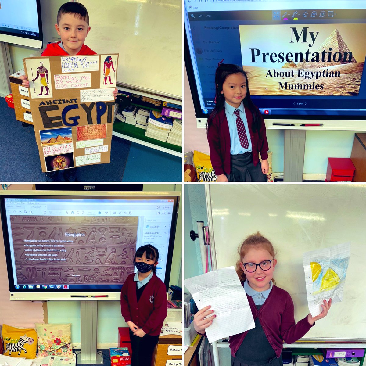 MissM_4a's tweet photo. I was blown away by the all the hard work everyone put into creating their fabulous Ancient Egypt projects. 
I loved hearing lots of different facts. I was also impressed by all of your amazing presentation skills 👏Well done P4A . Super work! 🤗 @StTimothysG41 https://t.co/CV8DirRRii