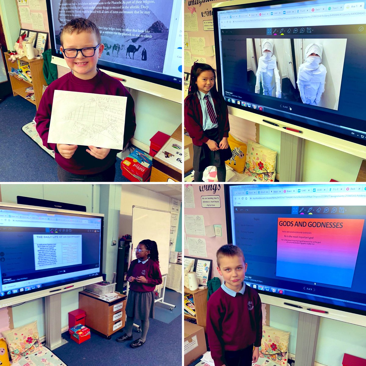 MissM_4a's tweet photo. I was blown away by the all the hard work everyone put into creating their fabulous Ancient Egypt projects. 
I loved hearing lots of different facts. I was also impressed by all of your amazing presentation skills 👏Well done P4A . Super work! 🤗 @StTimothysG41 https://t.co/CV8DirRRii