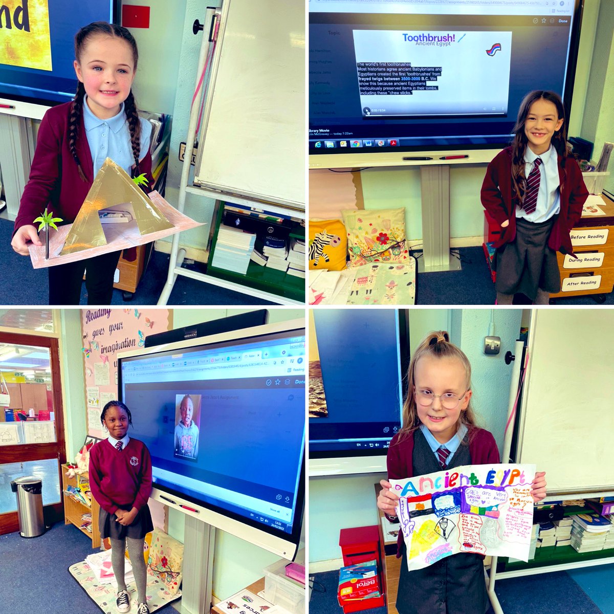 MissM_4a's tweet photo. I was blown away by the all the hard work everyone put into creating their fabulous Ancient Egypt projects. 
I loved hearing lots of different facts. I was also impressed by all of your amazing presentation skills 👏Well done P4A . Super work! 🤗 @StTimothysG41 https://t.co/CV8DirRRii