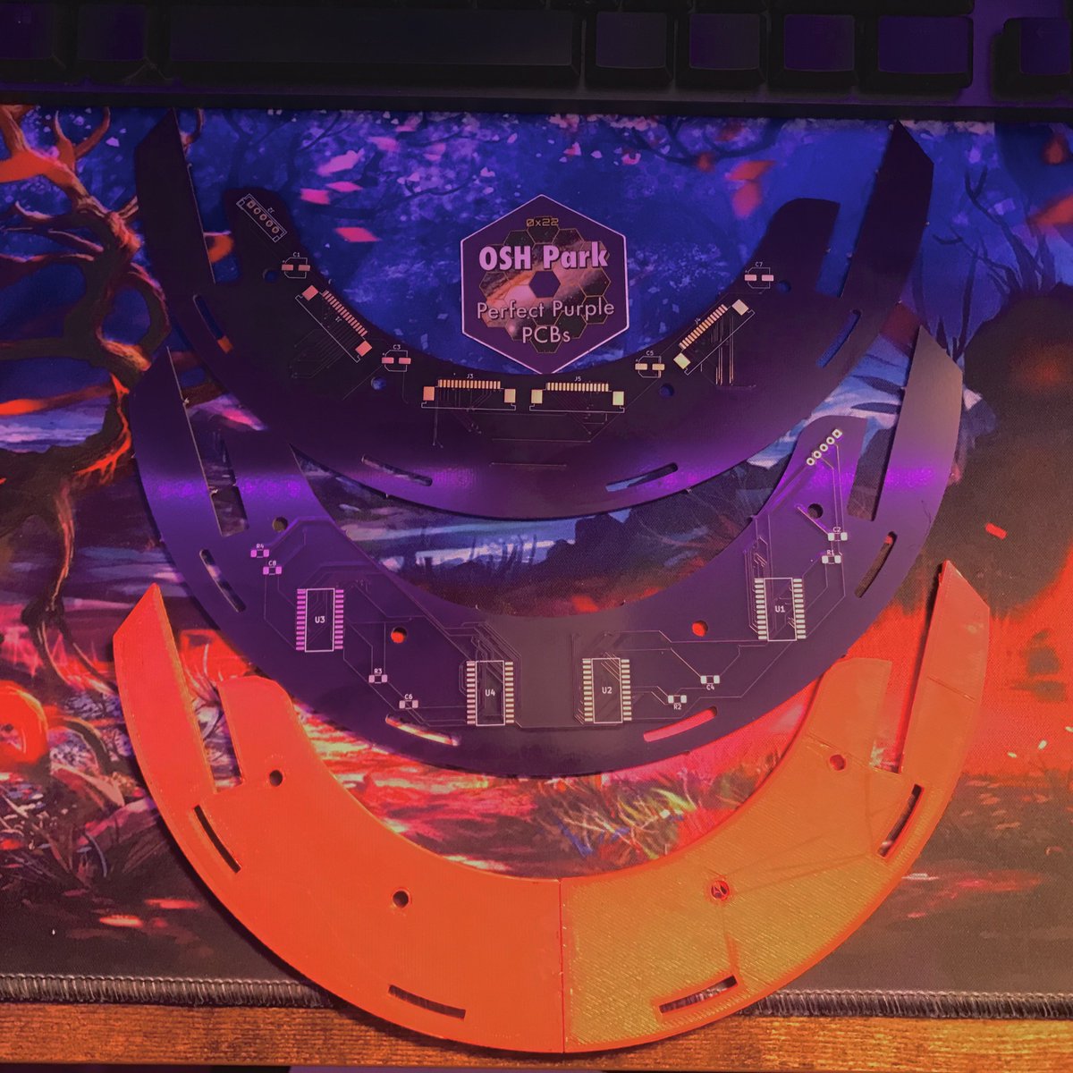 CyberJoules's tweet photo. First set of @oshpark boards came in yesterday for the Daft Punk helmet! Compared to its 3D printed counterpart, it looks great! Expecting the main LED display probably next week so tentative assembly stream will be Saturday, April 9th. https://t.co/gRSyZn3tD3
