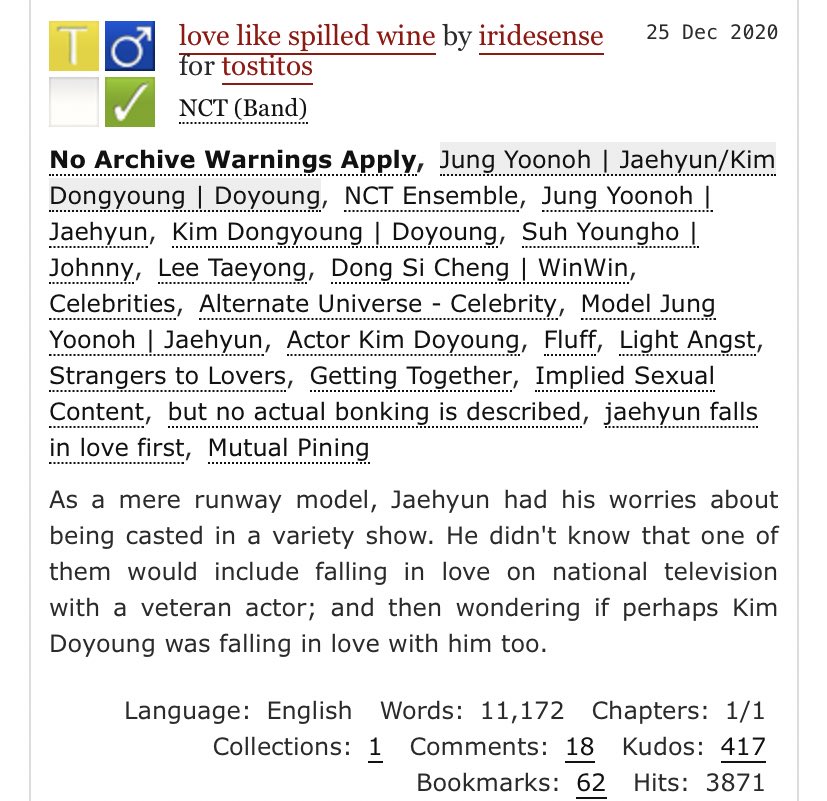 love like spilled wine

by: iridesense 
ratings: teens and up audiences 
words: 11k
status: #completed

#jaedo #dojae
link: archiveofourown.org/works/28307400