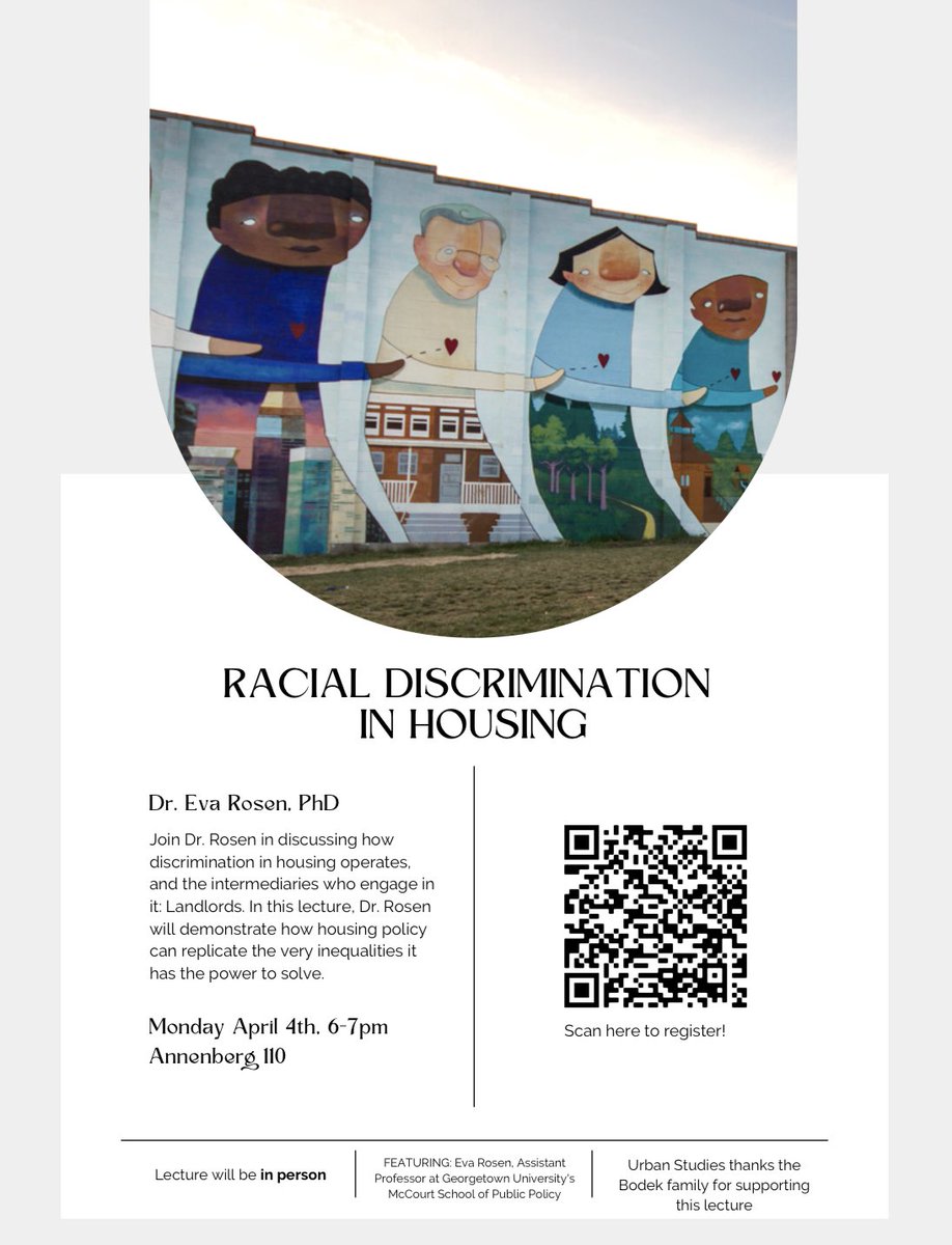 Join our 2022 Gordon S. Bodek Lecture on #racialdiscrimination in #housing on Monday 4/4 at 6-7 pm! The lecture will feature <a href="/eva_rosen/">Eva Rosen</a>, Assistant Professor at <a href="/Georgetown/">Georgetown University</a>'s <a href="/McCourtSchool/">McCourt School</a>. Details and registration link in bio