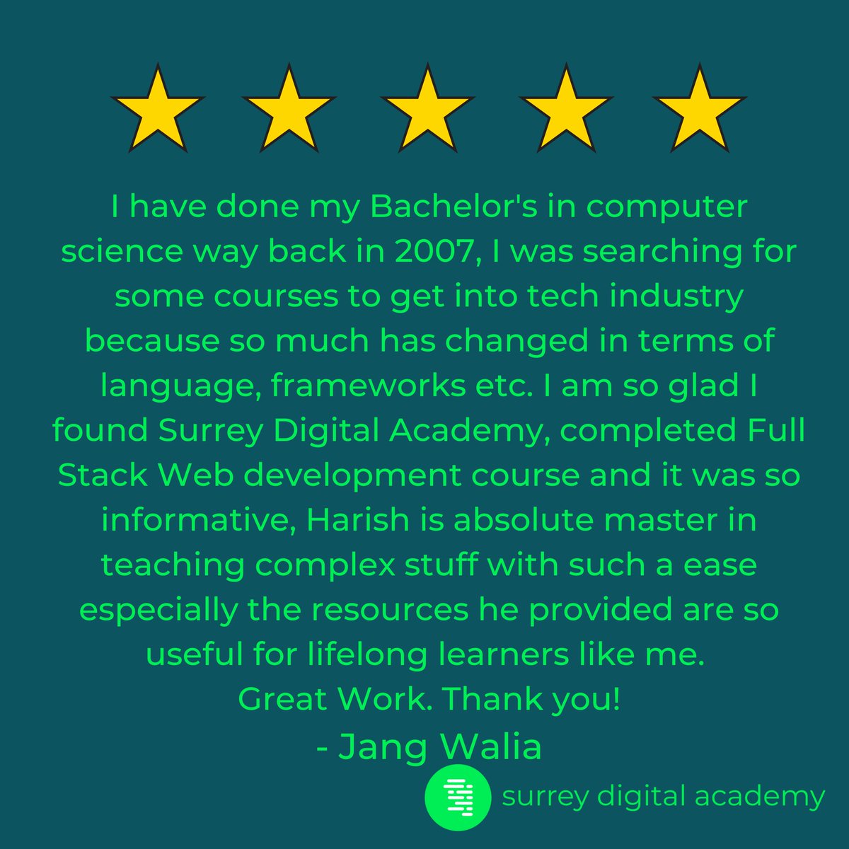 Any1CanCode's tweet photo. At Surrey Digital Academy, we love what we do. We are always happy to hear from past students and how these courses have positively impacted them!

#coding #learning #webdevelopment 
#course #programminglife #coder #softwaredevelopment https://t.co/kPnxRpoN9S