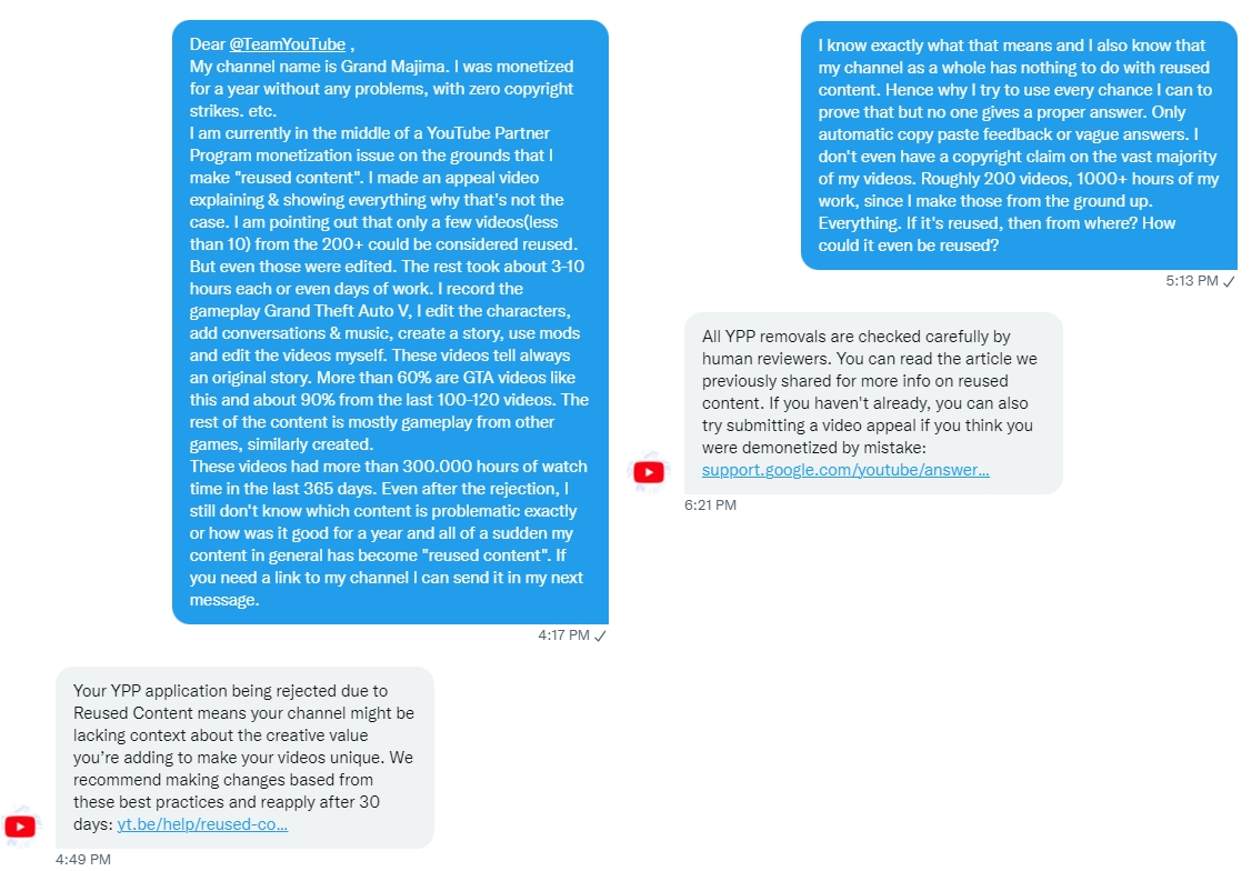 GrandMajima's tweet photo. @TeamYouTube
 Hi, I feel like in the DMs I always talk to bots or those who answer don't read the messages I send, so I try it here. It would be good to know the exact reason why my channel with  ~100k subscribers was demonetized after a year of monetization without problems. https://t.co/mkI9xynUFJ