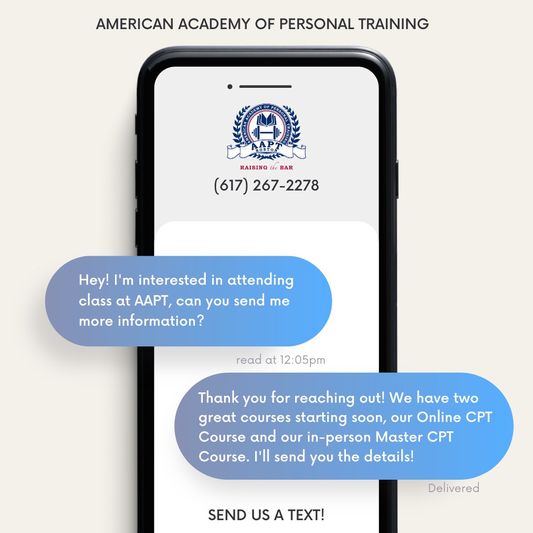 aaptboston's tweet photo. Do you want to become a Personal Trainer with AAPT? Are you curious about our upcoming courses or flexible financing options? You can now send AAPT a text message! Connect with an Admissions Coordinator at (617) 267-2278!💪 #AAPT
#personaltrainingcourses #certifiedpersonaltrainer https://t.co/TU94HLBXdI