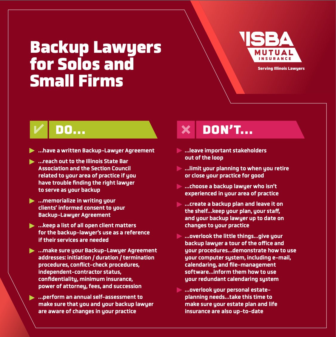 ISBAMutual's tweet photo. Backup Lawyers don't only protect you. They protect your clients, your firm, and family. Read more about how to find and implement a backup lawyer. https://t.co/YRnEdRVkpN https://t.co/IWhtulwkQa