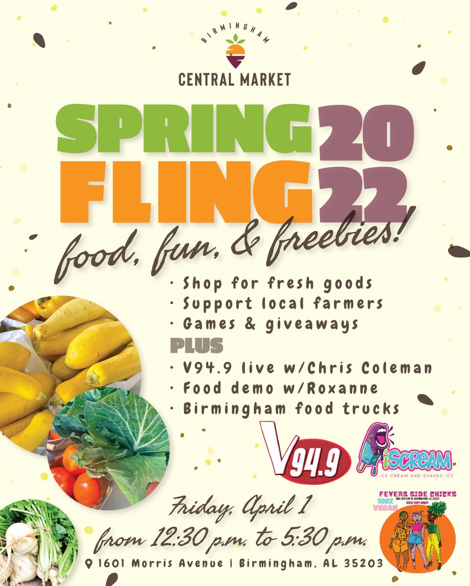BJCTAMAX's tweet photo. The Birmingham Central Market is having a SPRING FLING this FRIDAY, April 1st, from 12:30 PM to 5:30 PM! 🍑🥬🍋 Join us for a day of freebies, fun, & FOOD! Stop by & show your support for our community & have a great time in the process! 💚🧡💜
#SpringFling #FreshFood #MAXTransit https://t.co/wd2nSl4foI