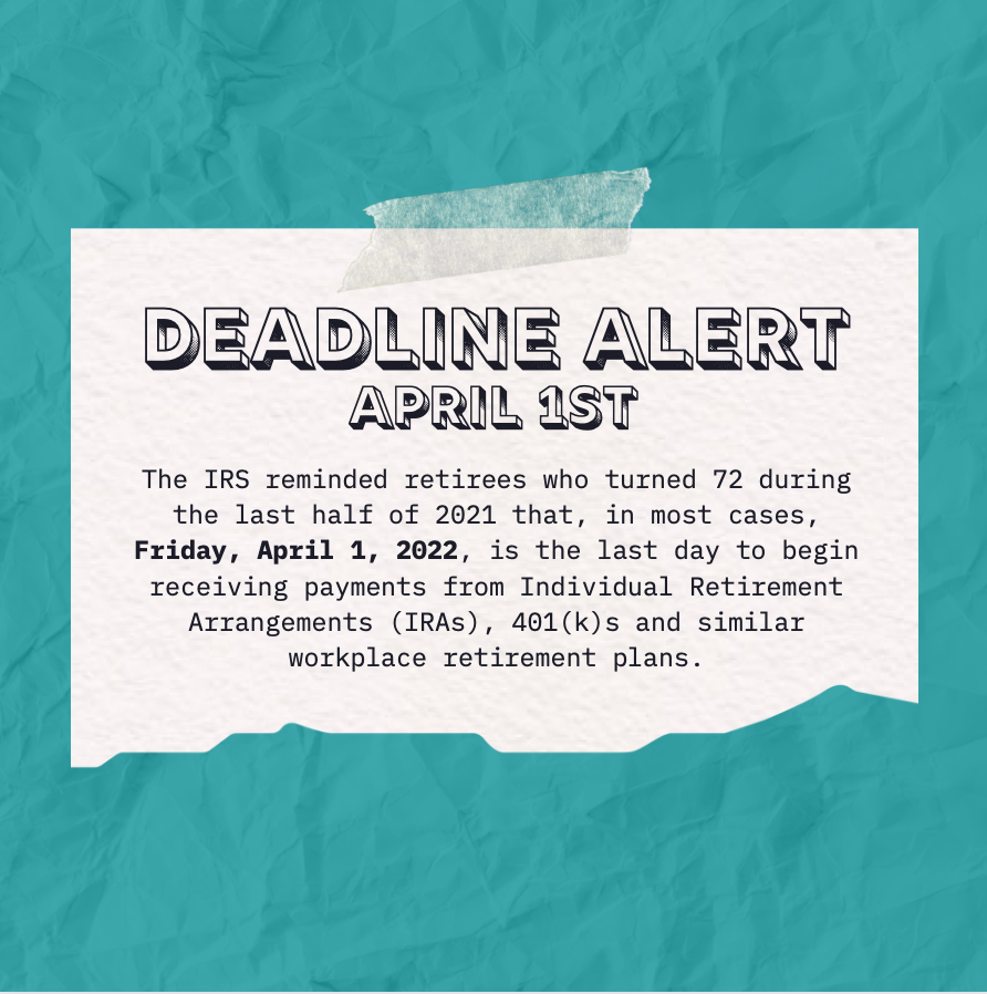 Did you reach the age of 72 after June 30th 2021? Then you have until April 1st to make your required minimum distributions (RMDs). Not sure if this rule applies to you? Give us a call.