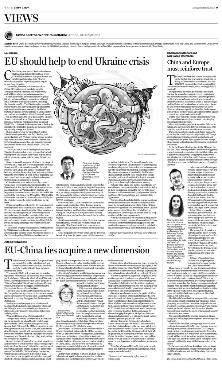 marcasasc's tweet photo. Happy to see my name (and face) in print for the very first time commenting on EU-China relations ahead of the summit on Friday, yesterday for the @ChinaDaily - which also very kindly referred to me as a “外国专家” elsewhere https://t.co/FKwZRFfSRF