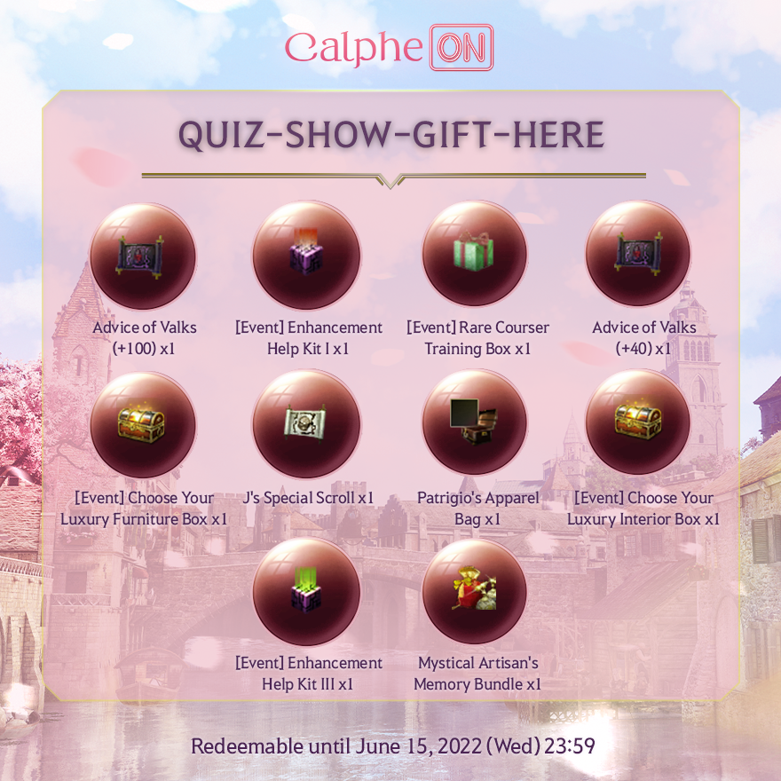 NewsBlackDesert's tweet photo. Did you all grab your #CalpheON gifts yet? 🤩 The beloved J's Hammer makes a glorious return, along with a fitting Advice of Valks (+150), hundreds of Marni's Fuel, and Cron Stones, and J's Special Scroll, and well... even more!
➡️ More details: https://t.co/LZwCqUa2yZ https://t.co/ORQfJ6psl0