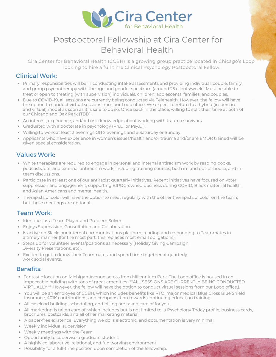 DrCira's tweet photo. We're looking to hire Clinical Psychology Postdoctoral Fellows in Chicago!

If you're interested in applying, please send a copy of your CV, a cover letter, and a list of three references to drrandelova@ciracenter.org 

#postdocchicago #postdoctoralfellowship #chicago https://t.co/B3oXXcMEoF