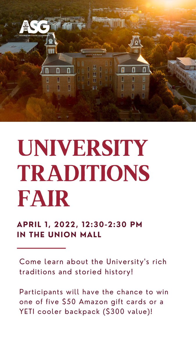 UARK ASG (@uarkasg) on Twitter photo Come learn about the rich traditions and storied history of <a href="/UArkansas/">University of Arkansas</a> this Friday from 12:30 to 2:30 at the Union Mall!
Participants will have the chance to win one of five $50 Amazon gift cards. You won’t want to miss this! Come learn about the rich traditions and storied history of <a href="/UArkansas/">University of Arkansas</a> this Friday from 12:30 to 2:30 at the Union Mall!
Participants will have the chance to win one of five $50 Amazon gift cards. You won’t want to miss this!
