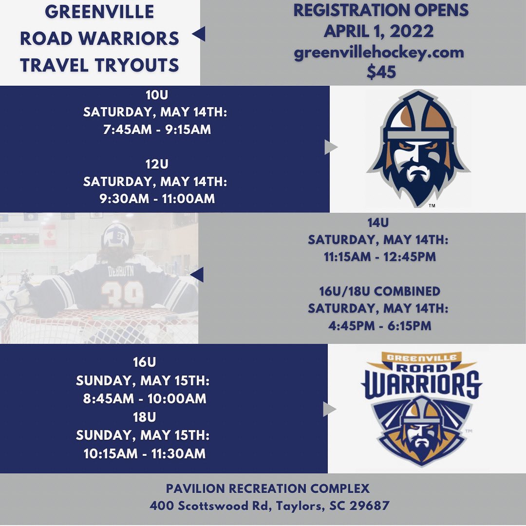Tryouts are coming! Registration opens 4/1 - greenvillehockey.com/page/show/5734…

#greenvillehockey #greenvillestrong #hockeylife #BeARoadWarrior #youthhockey