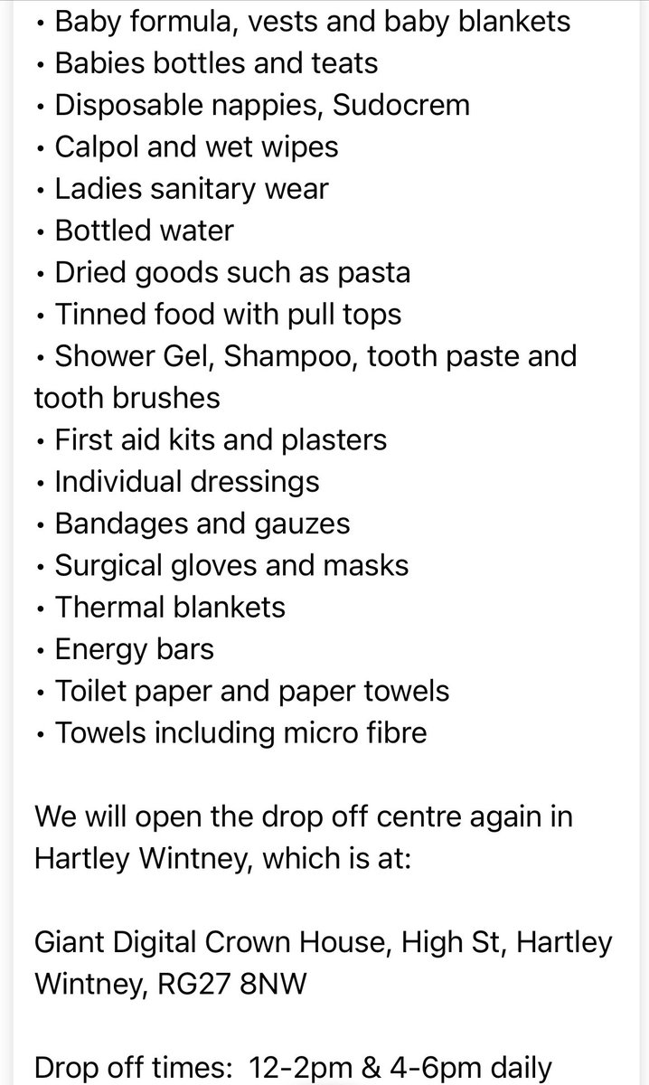 hartleywintney's tweet photo. UKRAINE CRISIS APPEAL: The local team from https://t.co/8swfZz21I9 are now planning a next load of aid to be delivered in April to Poland, to support the people of Ukraine. See below for what’s needed and drop off details. Many thanks for your continued support. https://t.co/LHXWmhQnuG