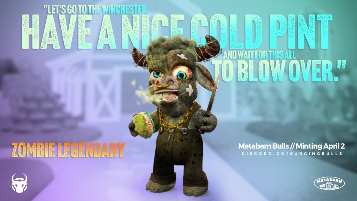 SurgingBulls's tweet photo. LEGENDARY Zombie 🧟‍♂️ MetaBarn Bull reveal 👀❤️ 

Let’s us know what you think of the MetaBarn Bull legendaries so far 🫡🥶 

What would you like to see next, anon? 🤯

#NFTcommunity #BullRun #NFTs #SolanaNFTs #NFTartist #NFTproject https://t.co/szZYxuTmGB