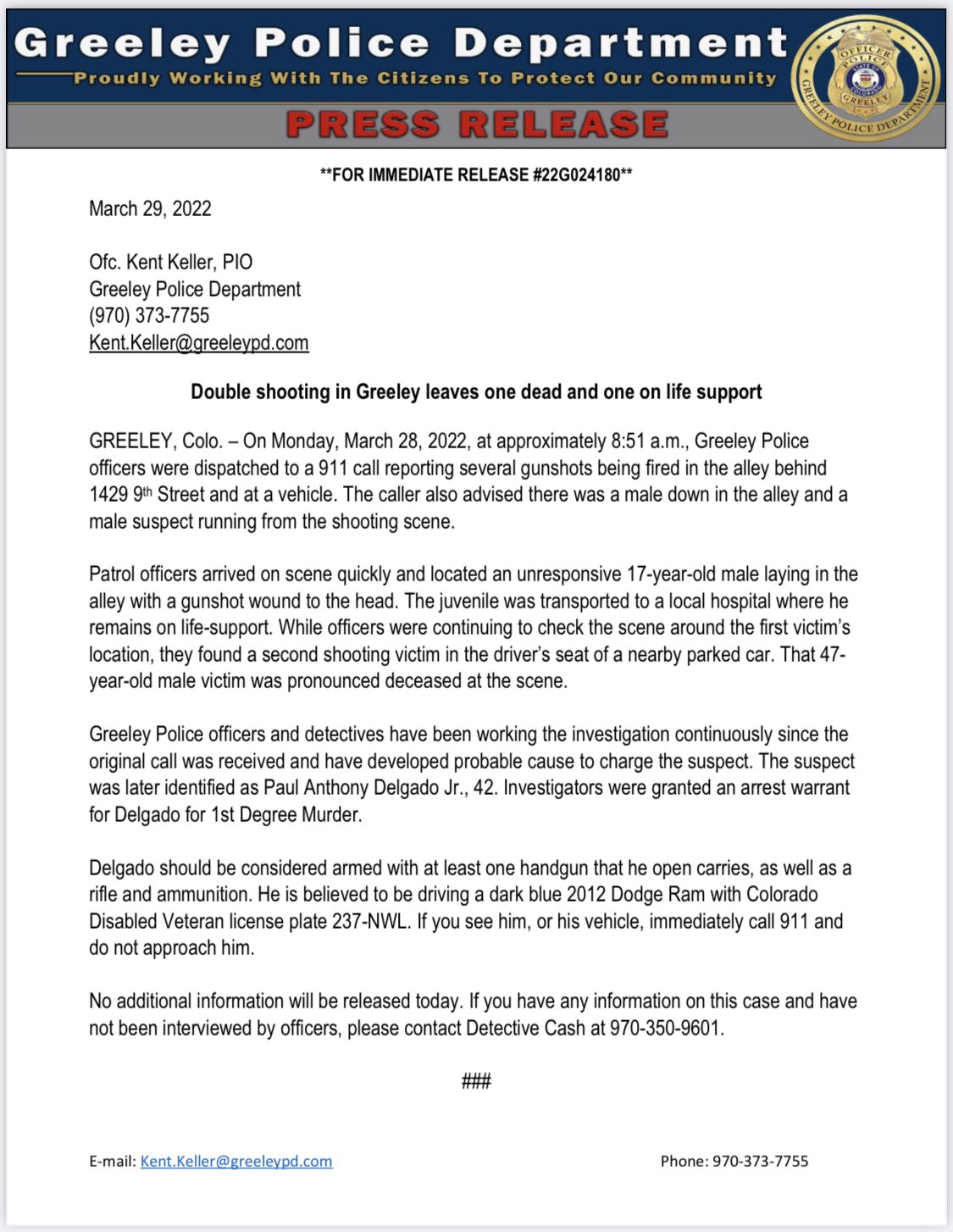 Greeley, CO Police Department on Twitter "📰 PRESS RELEASE 📰 Please see