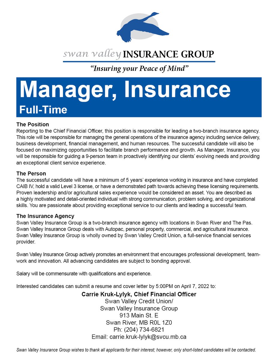SwanValleyCU's tweet photo. Opportunity is knocking! Swan Valley Insurance Group is looking for a Manager of Insurance!  Apply today! https://t.co/9Xii3BAuQ9