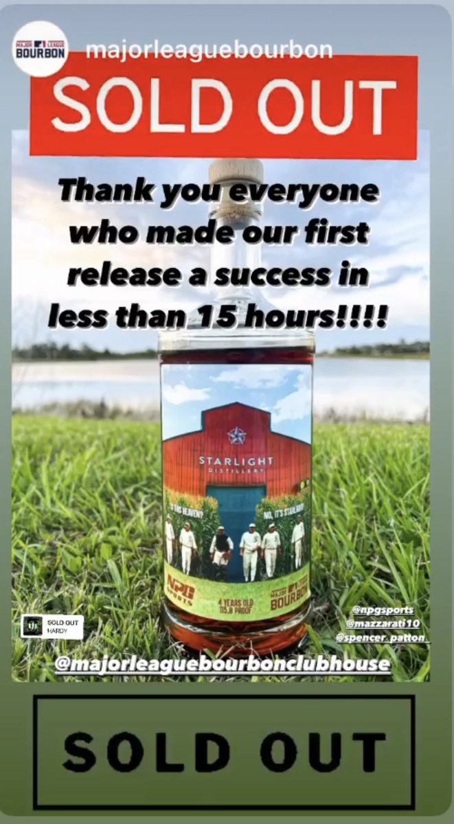 npgsports's tweet photo. Thank you to everyone who helped us sell out of our #rye whiskey in under 15 hours! 🙌👏
First pro athlete barrel pick from #StarlightDistillery was a big success!
@B_Lawson1213 @ChrisMazza10 @SBPatton
#IsThisHeaven #MajorLeagueBourbon #MajorLeagueBourbonClubhouse #MLB #MiLB https://t.co/1L4F7QKSos