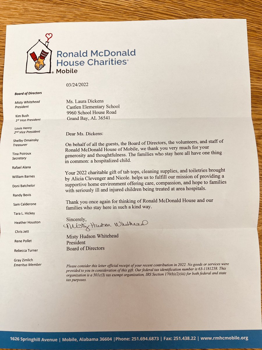 CastlenElem's tweet photo. Thank you to our parents and community members for helping our school with donations again this year for our community service project for the Ronald McDonald House! 💛🧡❤️@MobilePublicSch https://t.co/pAriV0m31f