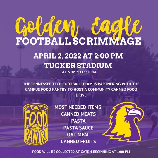 Please come out to Tucker Stadium this Saturday to support ⁦<a href="/TNTechFootball/">TTU Football</a>⁩ and the TTU Food Pantry! tntech.edu/volunteer/pant… Encourage all parents, family members and fans to bring items! #GoldenEagleWay !