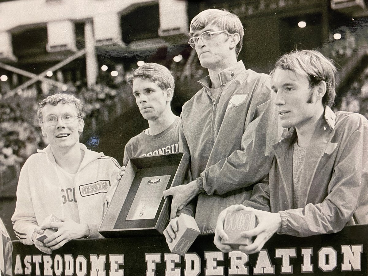 BadgersHistory's tweet photo. The oldest men's indoor record for @BadgerTrackXC was set Feb. 13, 1971 at the Houston Astrodome. Chuck Curtis, Chuck Baker, Don Vandrey and Mark Winzenried set the world indoor mark in the two-mile relay. Winzenried, from Monroe, ran a legendary 1:45.2 anchor leg. https://t.co/wvRyrmMb8W